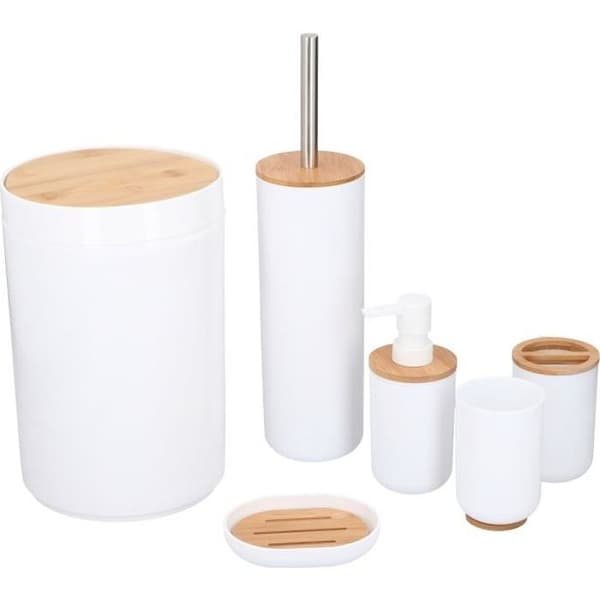 Set med 6 badrumstillbehör - Plast och bambu