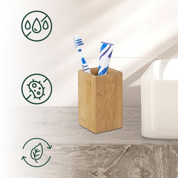 Relaxdays Tandborsthållare HxlxP: 11 x 6,5 x 6,5 cm bambu natur glas badrum, natur
