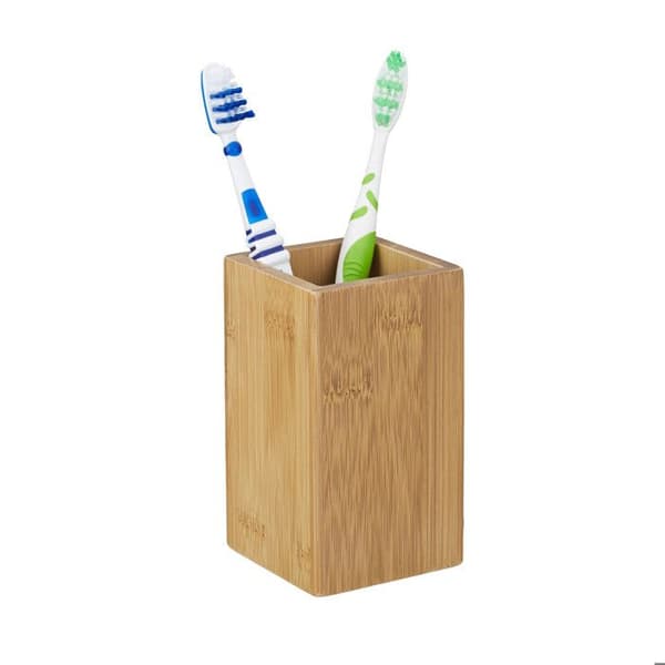 Relaxdays Tandborsthållare HxlxP: 11 x 6,5 x 6,5 cm bambu natur glas badrum, natur