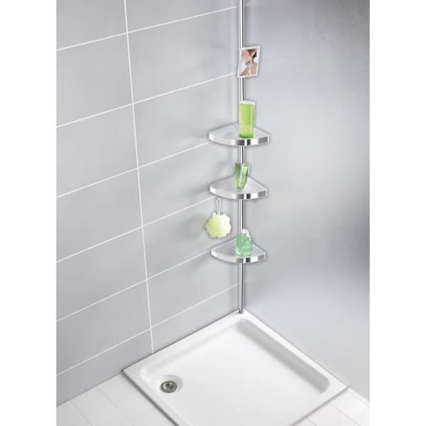 WENKO Teleskopisk duschhörnhylla Premium, 3 duschkorgar fäste utan borrning, aluminium - plast, blank