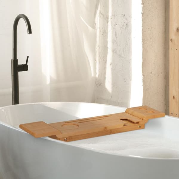 Relaxdays Badkarplatta, i bambu, bredd: 70 cm, bro för glas, telefon, surfplatta, att hänga upp, natur