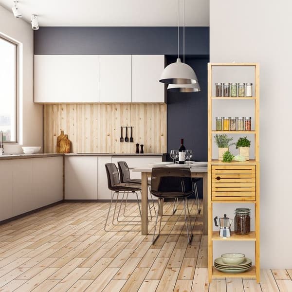 Badrumsställ - Relaxdays - Bambu - 7 nivåer - 1 fack med dörr - Naturlig