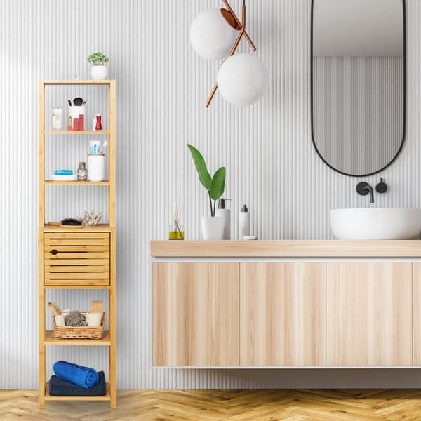 Badrumsställ - Relaxdays - Bambu - 7 nivåer - 1 fack med dörr - Naturlig