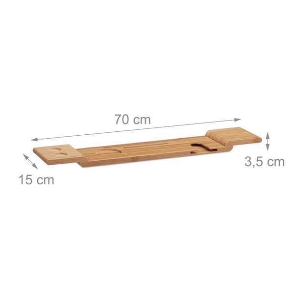 Relaxdays badkarshyllor i bambu, 70 cm bred, badrumsbord i glas, bärbar, hängande bricka, natur