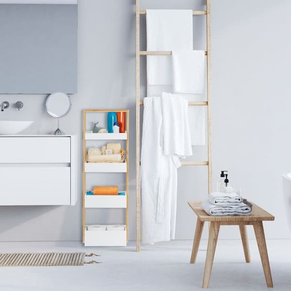 Relaxdays badhylla, 4 våningar, i bambu och MDF, för badrum, Smal möbel HlP 88x30x18 cm, vit/natur