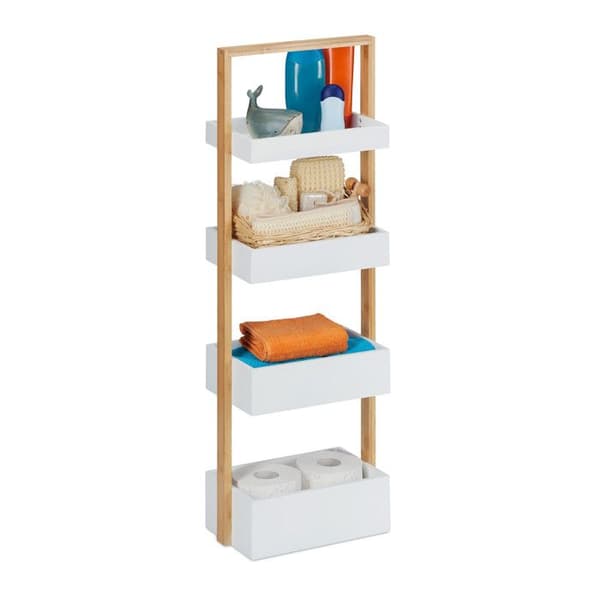 Relaxdays badhylla, 4 våningar, i bambu och MDF, för badrum, Smal möbel HlP 88x30x18 cm, vit/natur