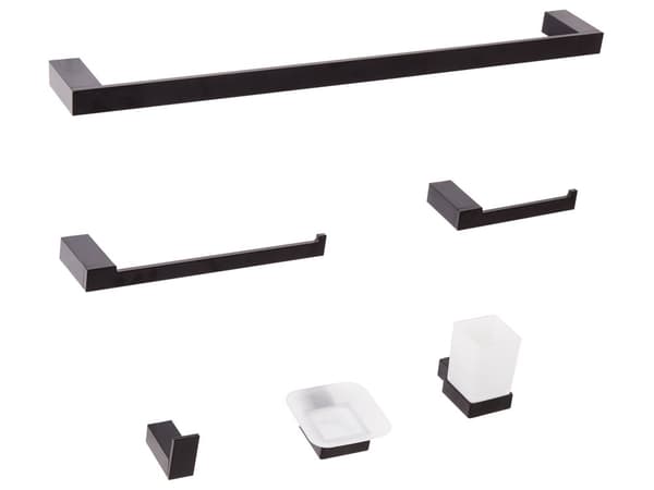 6-delt Baderomssett i Svartfarget Aluminium med Tannkrus og Såpeskål Baderomstilbehør i Minimalistisk Stil