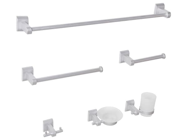 6-delers Baderomssett med Glassbeholder og Såpeskål i Sølv Aluminium Glassbeholder medfølger Baderomsutstyr Modern Stil Chic