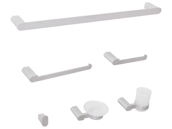 6-delers Baderomssett Sølvfarget Aluminium Glassbeholder og Såpeskål inkludert Baderomstilbehør Minimalistisk Chic