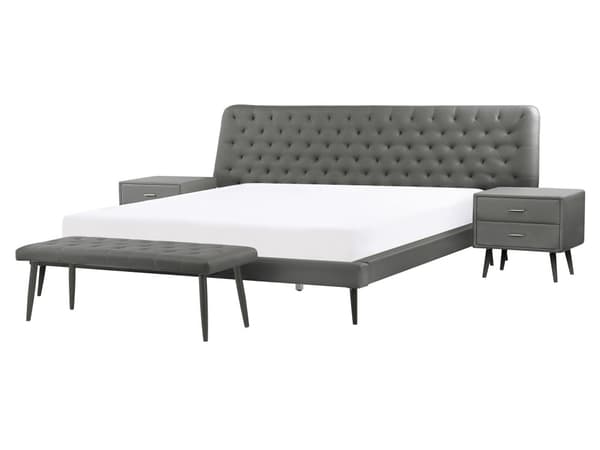 Sovrumsset Grå Konstläder Dubbelsäng 160 x 200 2 Sängbord Bänk