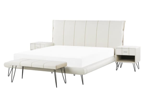 Sovrumsset Vit Dubbelsäng 160 x 200 cm 2 Sängbord Bänk Konstläder Modern