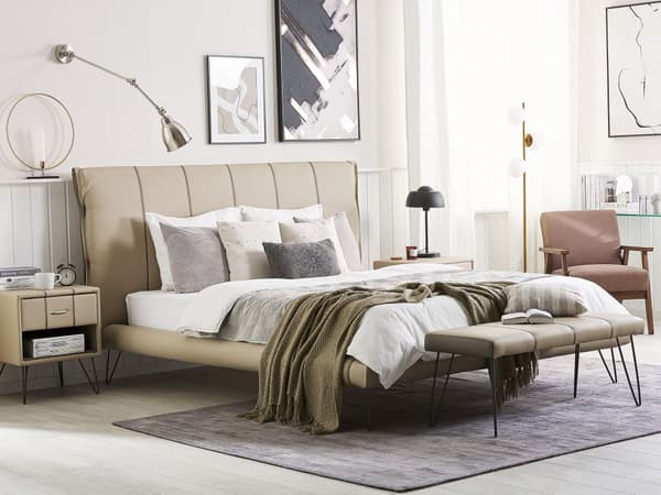 Sovrumsset Beige Dubbelsäng 180 x 200 cm 2 Sängbord Bänk Konstläder Modern