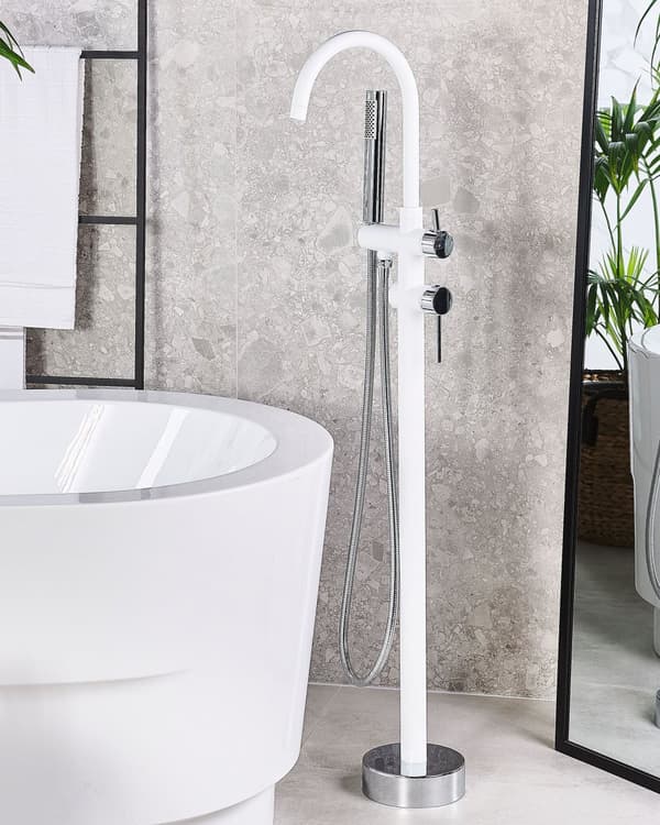Badkarsblandare Vit med Silver Mässing Rostfritt Stål Fristående Badkarsblandare med Handdusch Modern Design