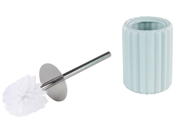 Badeværelsestilbehør Sæt Blå og Sølv Blank Keramik Krus Børsteholder Toiletbørste Sæbedispenser og Skål i Minimalistisk Skandinavisk Design