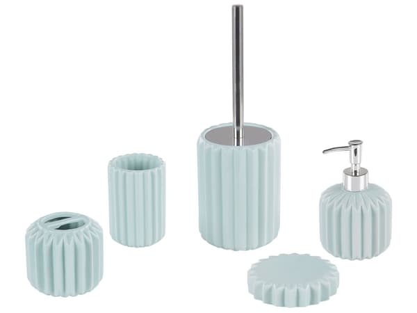 Badeværelsestilbehør Sæt Blå og Sølv Blank Keramik Krus Børsteholder Toiletbørste Sæbedispenser og Skål i Minimalistisk Skandinavisk Design
