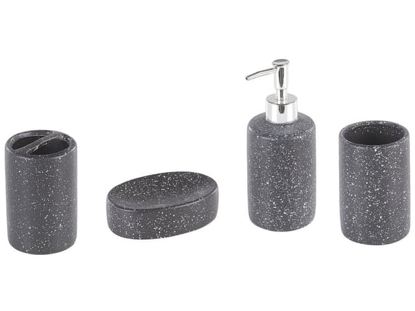 Badeværelsestilbehør Sæt Mørkegrå Blank Keramikkrus Børsteholder Sæbedispenser Skål Marmoreffekt Minimalistisk Skandinavisk Design