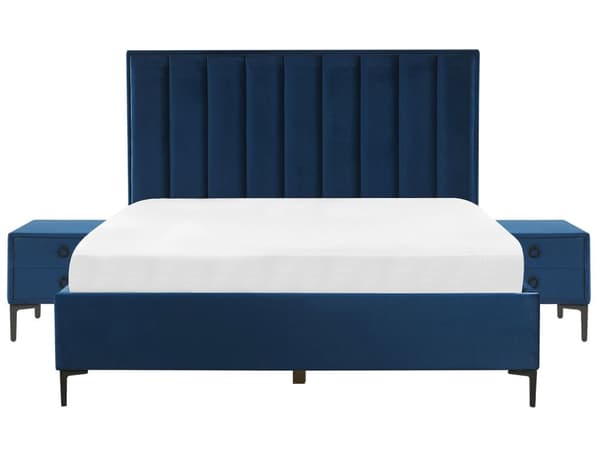 Sovrumsset Blå Sammet Stoppad Dubbelsäng med Förvaring 180 x 200 cm 2 Soffbord