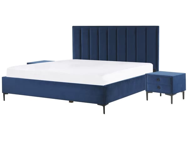 Sovrumsset Blå Sammet Stoppad Dubbelsäng med Förvaring 180 x 200 cm 2 Soffbord