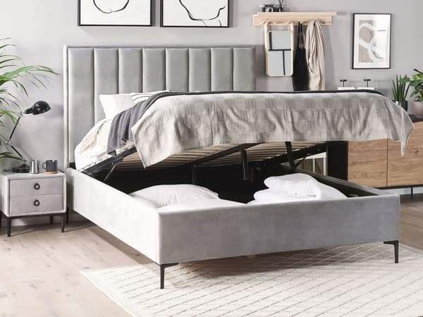 Sovrumsset Grå Sammet Stoppad Dubbelsäng med Förvaring 140 x 200 cm 2 Sängbord