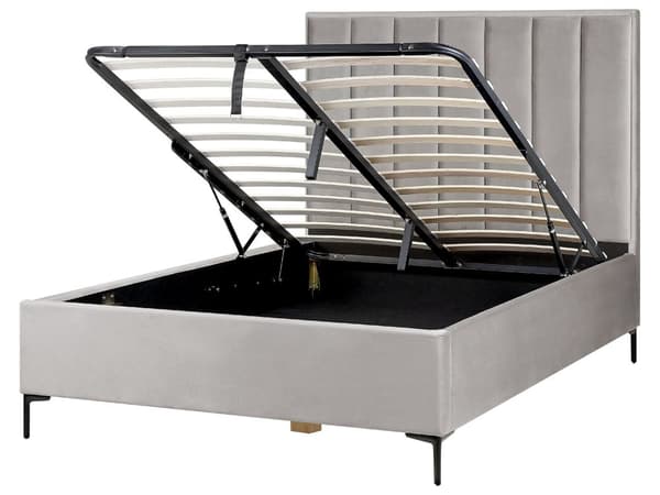 Sovrumsset Grå Sammet Stoppad Dubbelsäng med Förvaring 140 x 200 cm 2 Sängbord