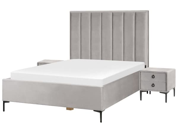 Sovrumsset Grå Sammet Stoppad Dubbelsäng med Förvaring 140 x 200 cm 2 Sängbord