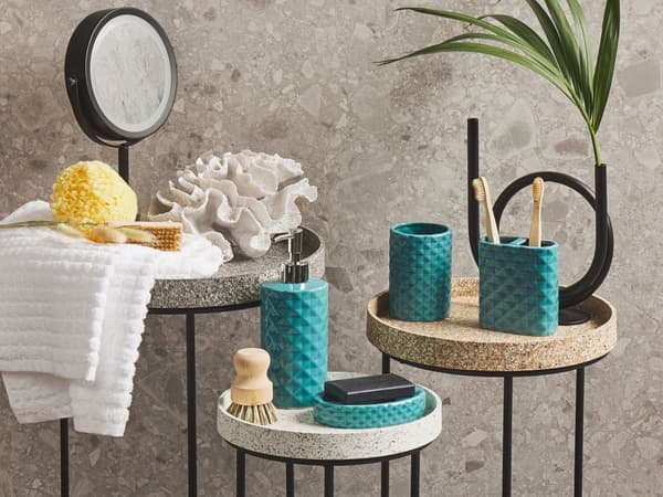 Badrumstillbehör Set Turkos Dolomit Modern Tvålpump Tvålfat Tandborsthållare Behållare Glas