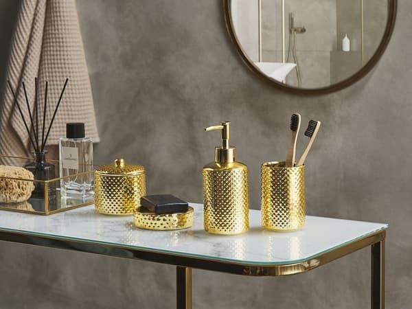 Set av Badrumstillbehör i 4 delar Svart och Beige Dolomit Glam Tvålpump Tvålfat Tandborsthållare Kopp