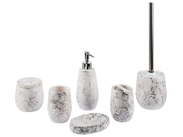 Set av Badrumstillbehör i 6 delar Vit Dolomit Glam Tvålpump Tvålfat Tandborsthållare Kopp