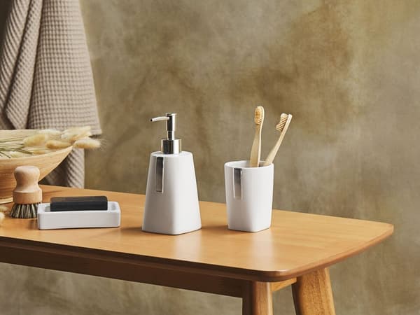 Set av Badrumstillbehör i 3 delar Beige Dolomit Glamorös Tvålpump Tvålfat Tandborsthållare Kopp