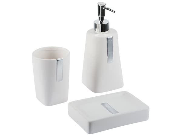 Set av Badrumstillbehör i 3 delar Beige Dolomit Glamorös Tvålpump Tvålfat Tandborsthållare Kopp
