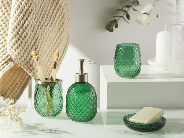Badrumstillbehör Set i 4 delar Grön Glas Tvålpump Tvålfat Tandborsthållare Kopp