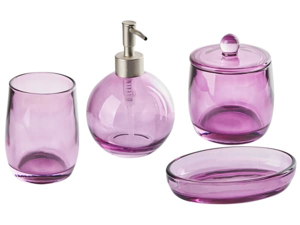 Badrumstillbehör Set i 4 delar Violett Glas Glam Tvålpump Tvålfat Tandborsthållare Kopp