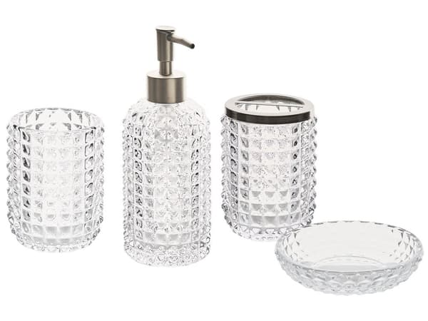 Badrumstillbehör Set i 4 delar Genomskinligt Glas Glam Tvålpump Tvålfat Tandborsthållare Kopp