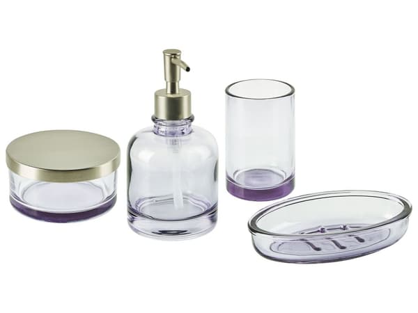 Badrumstillbehör Set i 4 delar Violett Glas Glam Tvålpump Tvålfat Tandborsthållare Kopp