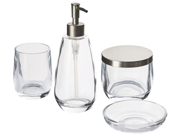 Badrumstillbehör Set i 4 delar Genomskinligt Glas Glam Tvålpump Tandborsthållare Kopp