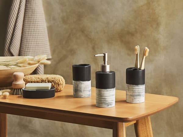 4-delad badrumstillbehörssats Svart Beige Dolomit Glam Tvålpump Tvålkopp Tandborsthållare Toalettborste