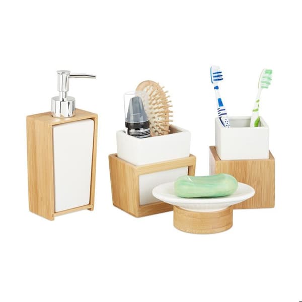 Relaxdays Bamboo Keramiska Badrumstillbehör 4-delad tvålautomat Tandborstglas, Naturvit