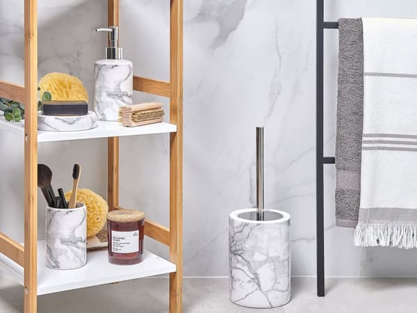 Baderomssett Hvit Keramikk Marmoreffekt 4 deler Såpedispenser Tannbørsteglass Toalettbørste Såpeskål Moderne design Baderom Tilbehør