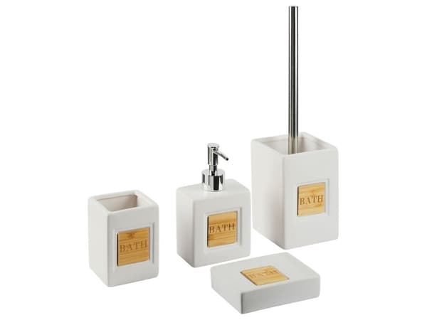 Baderomstilbehør sett beige matt dolomitt minimalistisk såpedispenser såpeskål tannbørsteholder