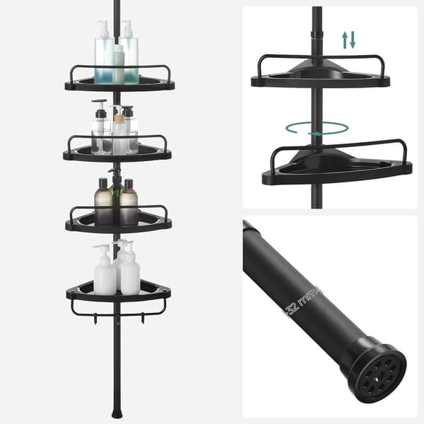 Justerbar hörnhylla för badrum, 85-305 cm, med 4 brickor, 3 krokar, svart