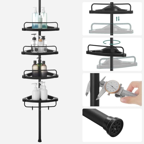 Justerbar hörnhylla för badrum, 85-305 cm, med 4 brickor, 3 krokar, svart