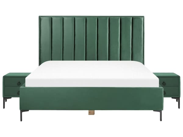 Sovrumsset Mörkgrön Sammet Stoppad Dubbelsäng med Förvaring 180 x 200 cm 2 Sängbord