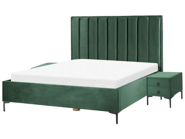Sovrumsset Mörkgrön Sammet Stoppad Dubbelsäng med Förvaring 180 x 200 cm 2 Sängbord