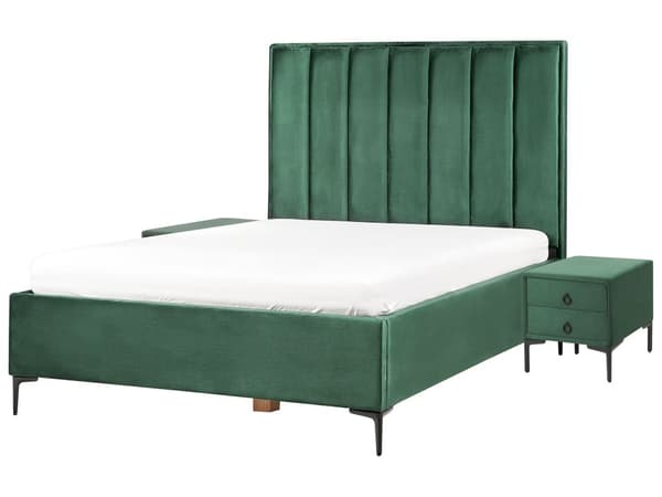 Sovrumsset Mörkgrön Sammet Stoppad Dubbelsäng med Förvaring 140 x 200 cm 2 Sängbord