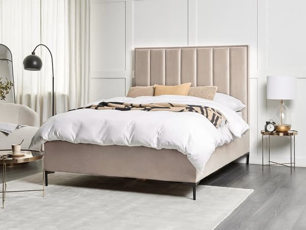 Sovrumsset Taupe Sammet Stoppad Dubbelsäng med Förvaring 160 x 200 cm 2 Sängbord