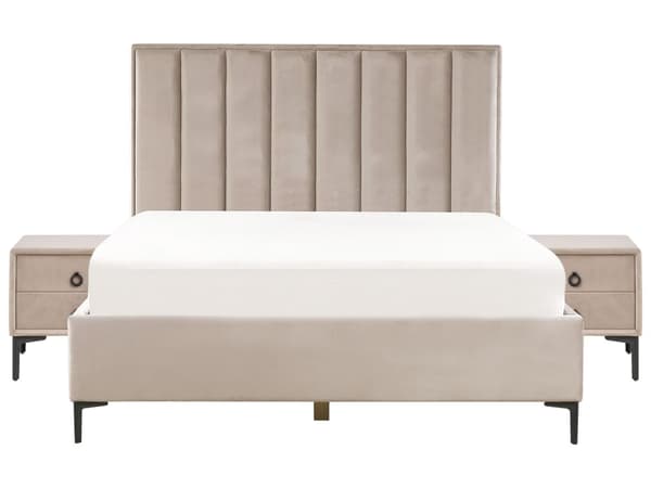 Sovrumsset Taupe Sammet Stoppad Dubbelsäng med Förvaring 160 x 200 cm 2 Sängbord