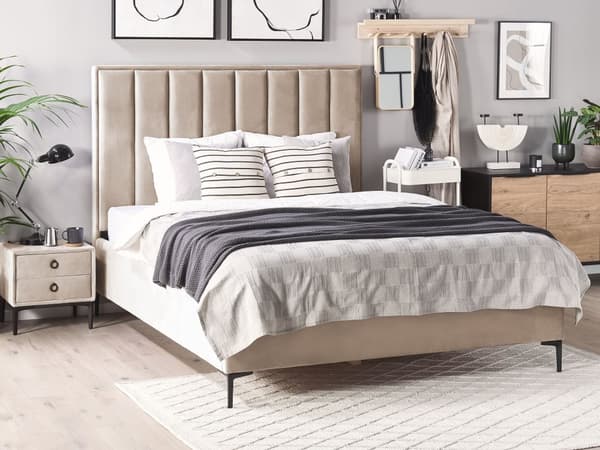 Sovrumsset Taupe Sammet Stoppad Dubbelsäng med Förvaring 160 x 200 cm 2 Sängbord