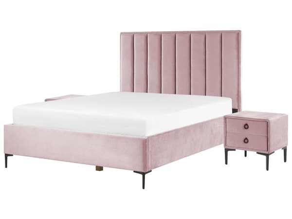 Sovrumsset Rosa Sammet Stoppad Dubbelsäng med Förvaring 160 x 200 cm 2 Sängbord