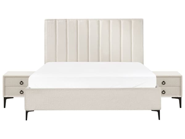 Sovrumsset Off-White Bouclé Stoppad Dubbelsäng med Förvaring 180 x 200 cm 2 Sängbord