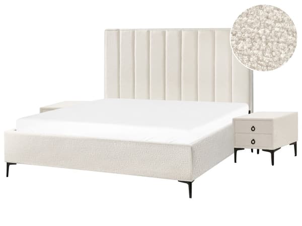 Sovrumsset Off-White Bouclé Stoppad Dubbelsäng med Förvaring 180 x 200 cm 2 Sängbord